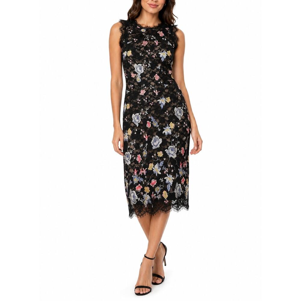 BCBGMaxAzria Black Floral Embroidered Lace Midi Dress Size 04